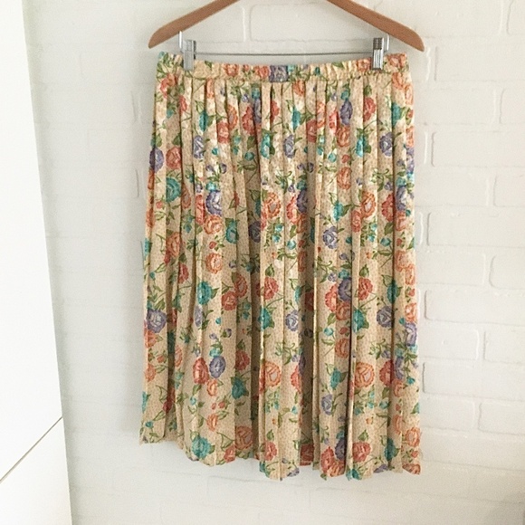 Vintage Midi skirt Pleated Satin Floral print Fairy Cream Peach Aqua purple L - Picture 1 of 12